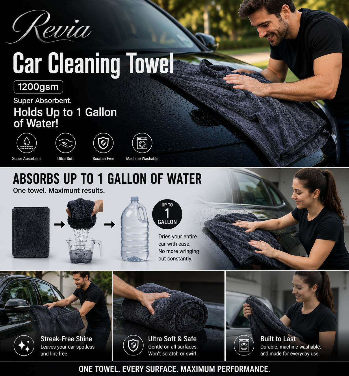 Revia Car Cleaning Towel 1200gsm Dimensions: 50*80cm