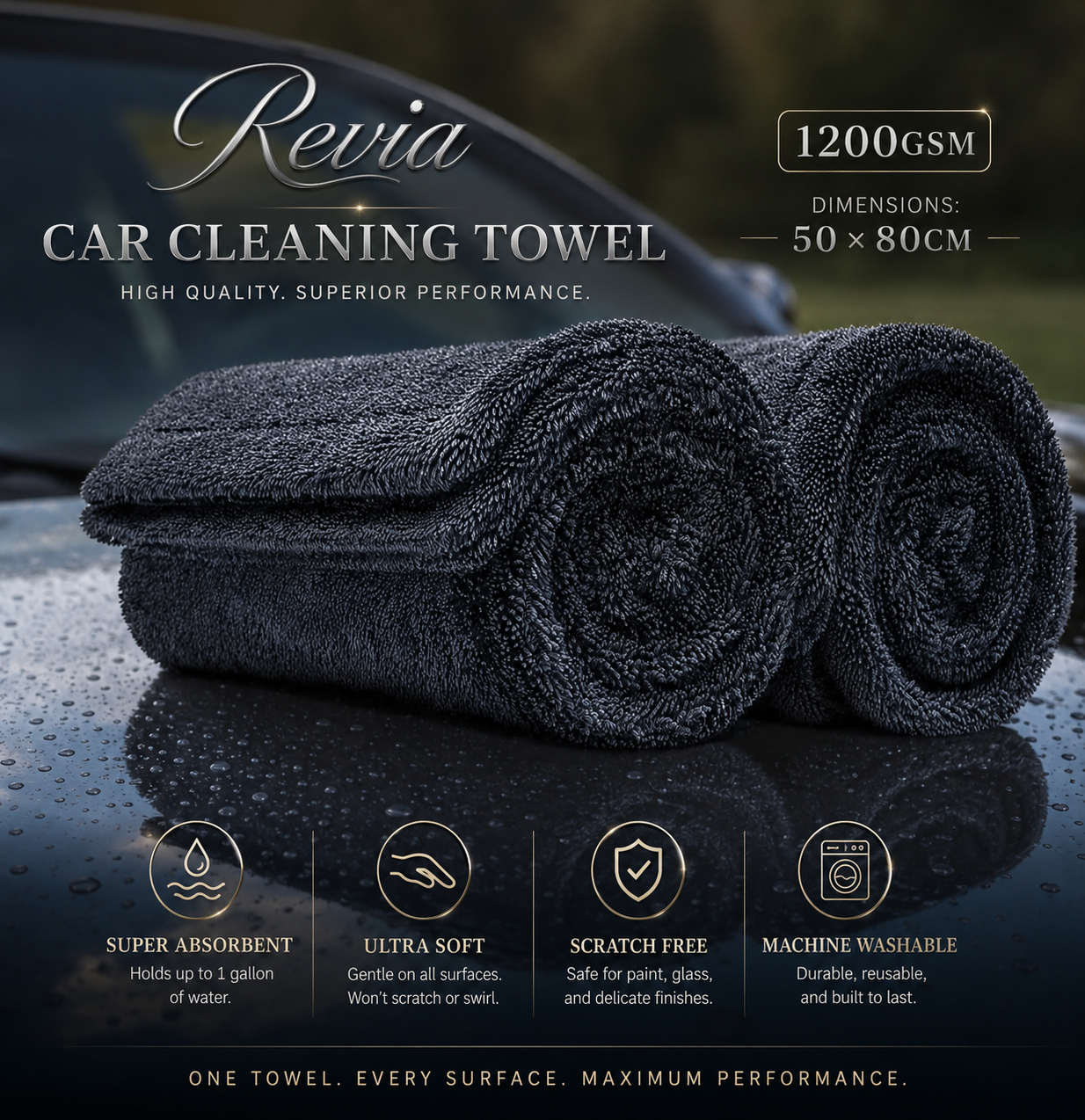 Revia Car Cleaning Towel 1200gsm Dimensions: 50*80cm